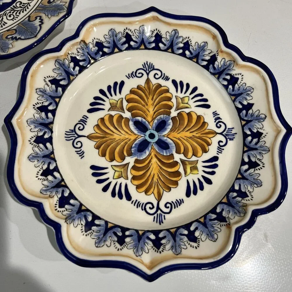 I Godinger & Co Cobalt Blue Yellow Hand Painted Plates Scalloped Set of 2